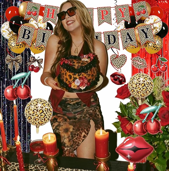Red Cheetah Print Birthday Decorations Pre-Strung Leopard Happy Birthday Banner, Cherry Red Lips Foil Balloons, Laser Fringe Curtains, Hanging Swirls Y2K Cheetah Cherry Party Supplies for Women Girls