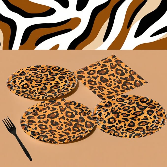 72PCS Leopard Birthday Plates Napkins Set, Leopard Cake Plates with Forks Cheetah Print Disposable Party Supplies Tableware for Birthday, Baby Shower, Jungle Party Decorations