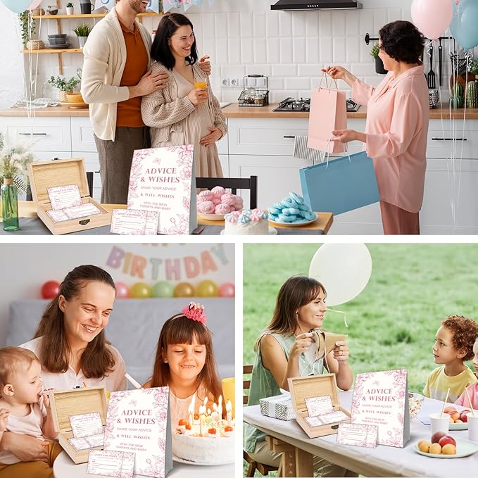 Pink Floral Baby Shower Advice Cards, Baby Shower Advice Boxes, Advice & Wishes Cards Box Presents for Babies, 50 Pcs Double Sided Card and Wooden Well Wish Box, Party Decoration Gifts for New Parents