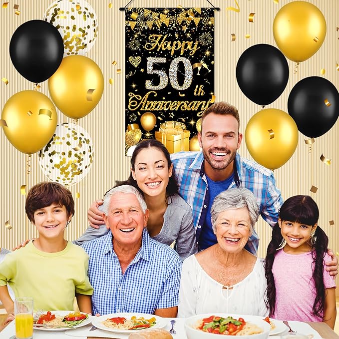 50th Anniversary Decorations Small Banner Black Gold Happy 50th Anniversary Door Hanging Banner Porch Front Door Decor for Women Men 50 Years Silver Wedding Anniversaries Party Cruise Sign Supplies
