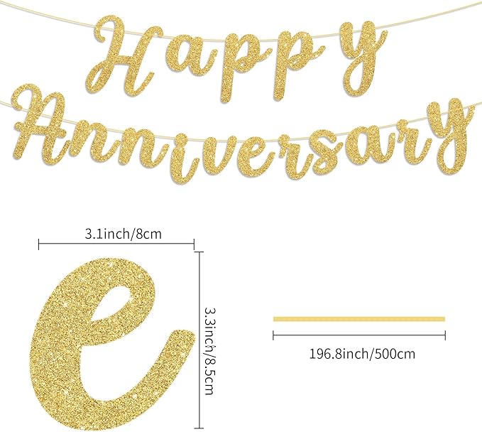 Happy Anniversary Banner Sign Gold Glitter Wedding Bunting Banner Flag Garland for Anniversary Party Decorations Supplies