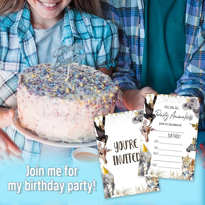 Jungle Animals Birthday Invitations, 25 Calling All Party Animals Invites Cards with Envelopes, Double-Sided Fillable, Birthday Invitations for Teens Adults, Birthday Party Supplies (4 x 6 Inch) -A08