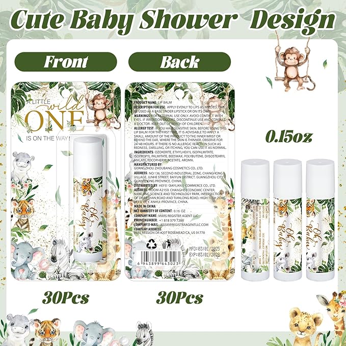 30 Pack Safari Baby Shower Games Prizes Party Gifts Bulk Lip Balms Favors for Winners Adults Guests Gender Reveal Favors Decorations Green Baby Shower Souvenirs Gift Bags Stuffers