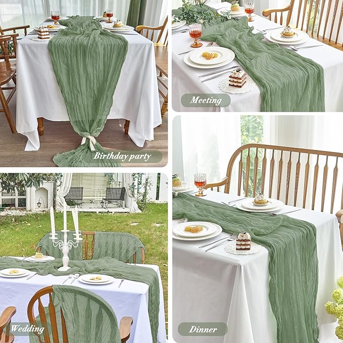 IVAPUPU 10 Pcs Cheesecloth Table Runner - 10ft Sage Green Easter Spring Boho Gauze Cheese Cloth Table Runners for Baby Shower Decoration Wedding Party Garden Farmhouse
