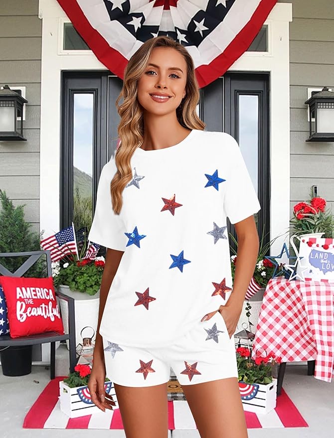 VILOVE 4th of July 2 Piece Sequin Outfits Women 250 Anniversary Usa Shirts and Short Sets Casual Patriotic Shirt Summer Set
