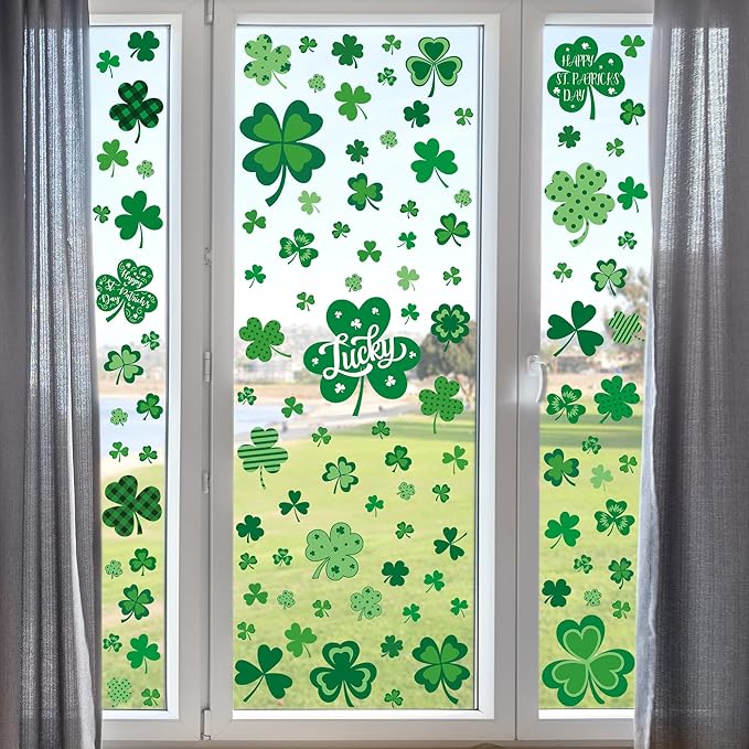 120 PCS St Patricks Day Decorations, 4 Sheets St Patricks Day Window Clings with Polka Dots Stripes Plaid Patterns, Double-Sided Green Party Decorations, Shamrock Window Clings for Home Decor
