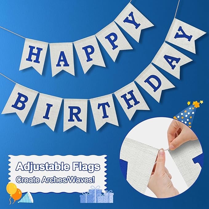 Happy Birthday Banner - Pre‑Strung Burlap Birthday Decorations and Reusable Birthday Sign for Men, Women & Kids | Party Supplies Backdrop (Navy Blue)