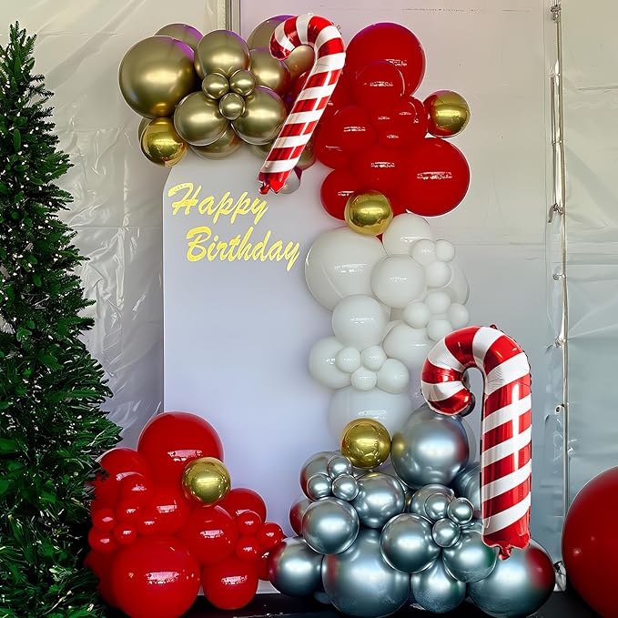 Christmas Balloon Arch Garland Kit, 135Pcs Red White Gold Silver Xmas Balloon with Candy Santa Claus Foil Balloons for Merry Christmas Holiday Birthday Baby Shower Winter New Year Party Decorations