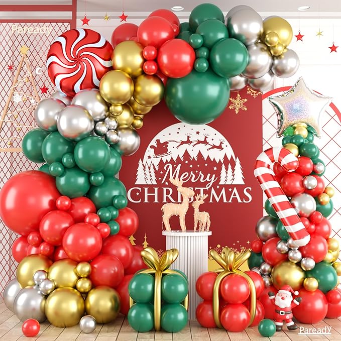 Christmas Balloon Arch, Red Green Gold Balloon Garland, Metallic Silver Red Candy Canes Sweet Candy Iridescent Star long Balloons For Christmas Theme Party Celebration Birthday Baby Shower Wedding
