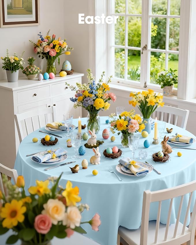 Pureegg Plastic Table Cloth Disposable 8 Pack, 84'' Round Table Cloths, Easter Party, Picnic, Wedding, Decorative Tablecloths, Round, Baby Blue Plastic Cover, Leakproof & Sturdy, Light Blue