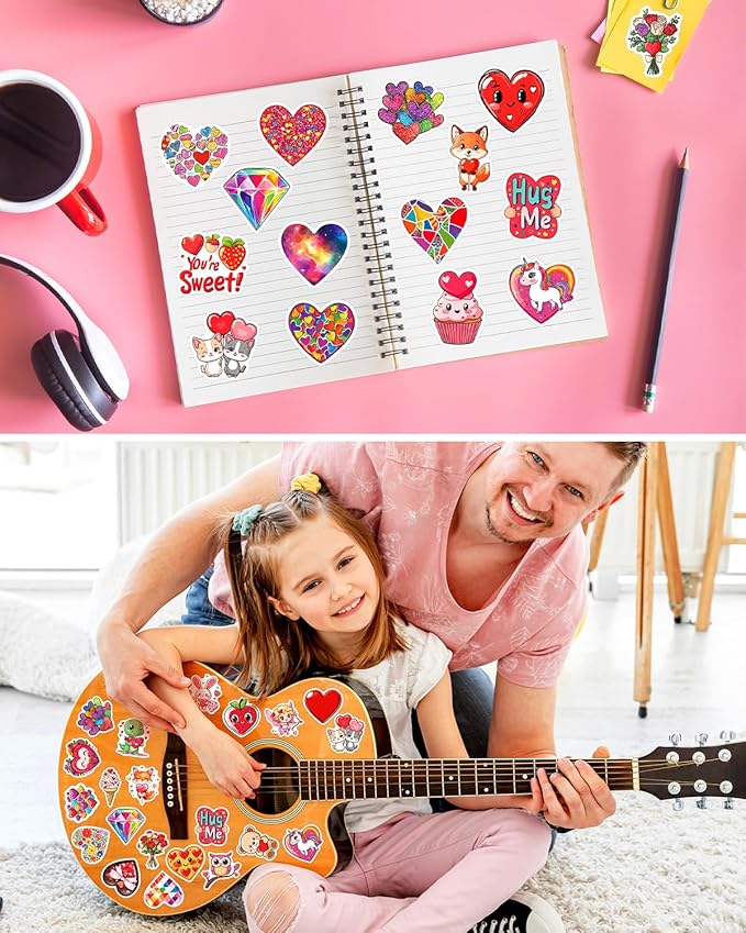 100 PCS Valentines Stickers for Kids, Bulk Heart Stickers for Valentines Day Gifts for Kids Classroom School Exchange, Vinyl Decals, Crafts, Party Favors, Goodie Bags Decorations