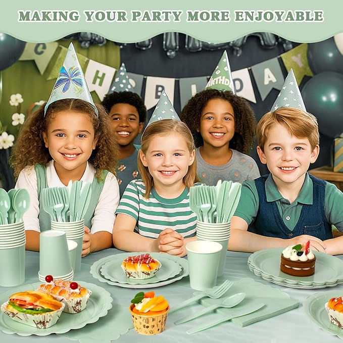 Vyntra 175 Pcs Sage Green Birthday Paper Plates and Napkins Set for 25 Guests, Disposable Party Supplies, 9" Dinner Plates & 7" Dessert Plates