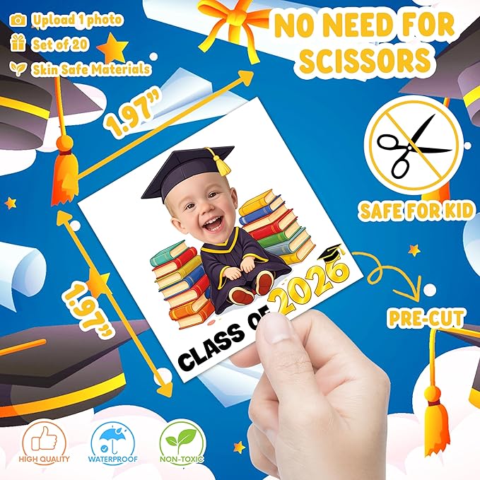 Custom Graduation Temporary Tattoos for Kids - Personalized Pre-Cut Face Photo Tattoos - Fun Birthday Party Favors for Boys Girls, Graduation Day - Set of 20 Unique Celebration Gifts