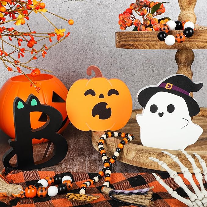 COCHIE BOO Signs Halloween Table Decorations Indoor, Retro Halloween Black Orange Tiered Tray Decor Set of 3, Wooden Happy BOO Day Decoration Sign for Party Home Shelf Display (Cute)
