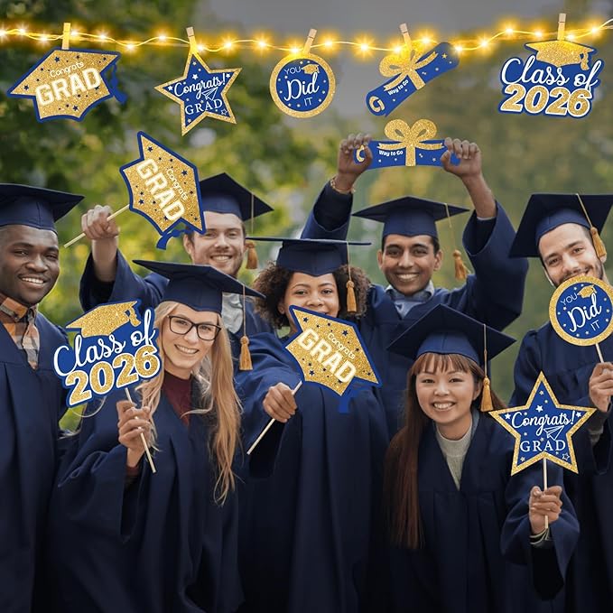 OuMuaMua Graduation Decorations Class of 2026-30pcs Blue and Gold Graduation Table Centerpieces Sticks Table Toppers with Lights for College High School Congrats Grad Party Supplies
