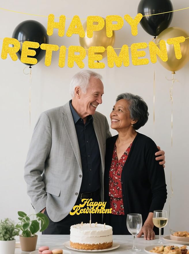 Gold Retirement Party Decorations, Pre Strung Happy Retirement Banner & Cake Topper Kit for Men Women, Ready to Hang