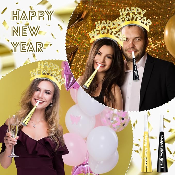 Shappy 24 Pcs 2026 New Year Party Supplies Happy New Year Headband Horn Sounder Noisemakers Eve Party Decorations