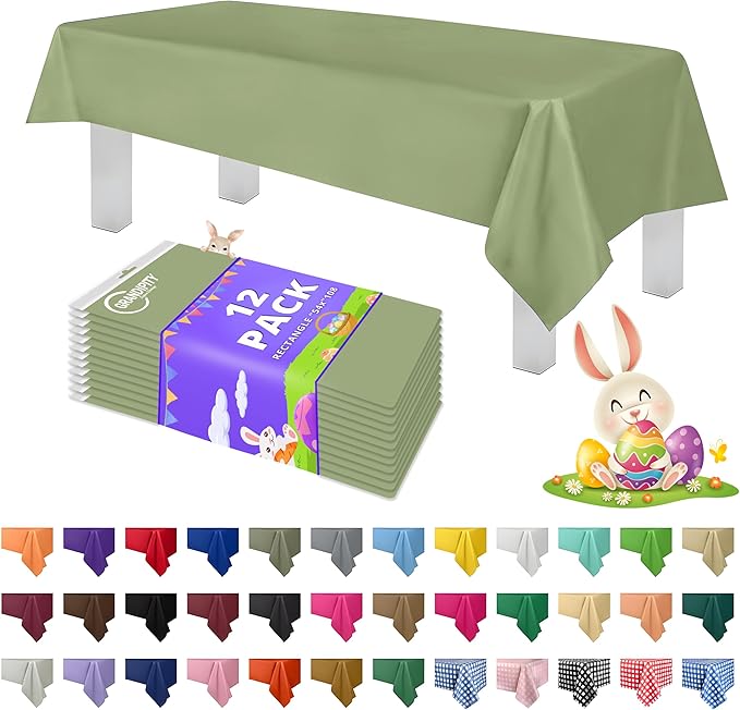 Grandipity 12 Pack Premium Disposable Plastic Tablecloth 54 Inch. x 108 Inch. Rectangle Table Cover - Sage Green