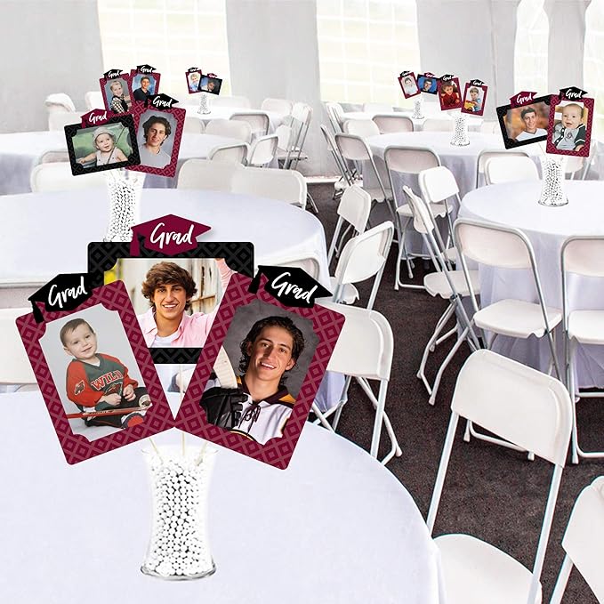 Big Dot of Happiness Maroon Grad Graduation Photo Display Centerpiece Kit - 15 Double-Sided Photo Table Topper Sticks, Vertical and Horizontal 4x6 Picture Holders, DIY Party Decoration Set