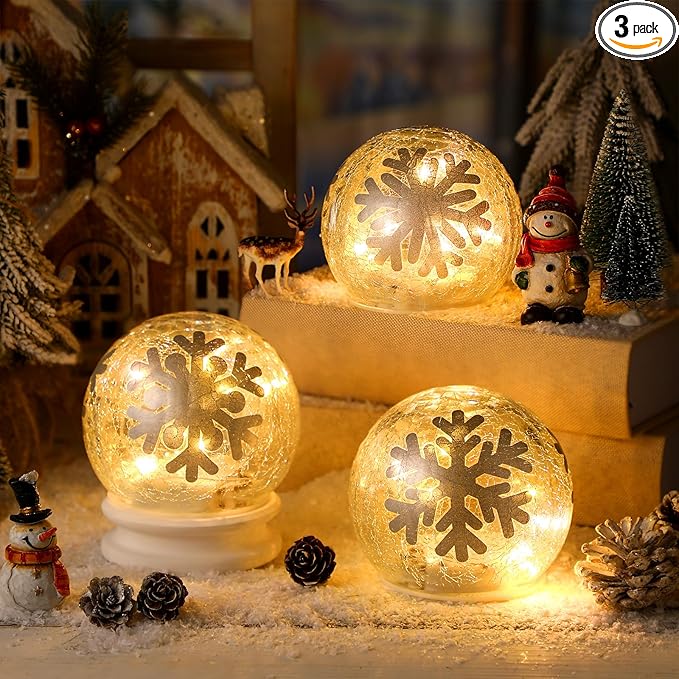 3 Pcs Winter Decorations Indoor 4 Crackle Snowflakes Glass Globe Ball Lamp Night Lights with LED Timer Battery Operated Lighted Decorative Tabletop Decor for Table Home Centerpiece Party Gift