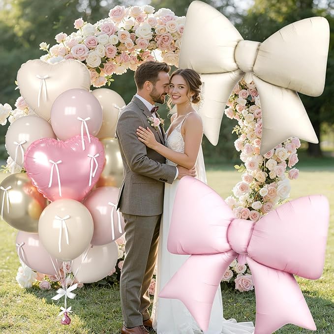 16Pcs Pink and Cream Heart Balloons, 38 Inch Bow Balloons, Dusty Pink Nude Champagne Gold Balloon and Bow Heart Shaped Foil Balloon for Birthday Wedding Bridal Baby Shower Valentines Day Decorations