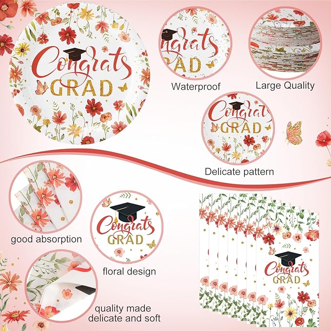 400 Pcs Class of 2026 Red Floral Graduation Decorations for 50 Guests, Red Gold Flower Graduation Paper Plates Napkins and Cups Cutlery Grad Tableware for 2026 Congrats Grad Party Supply