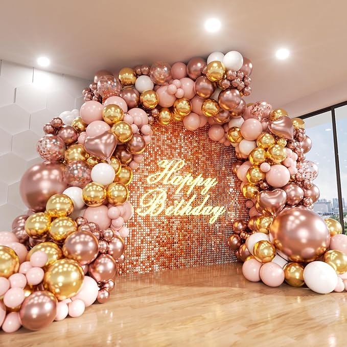 Rose Gold Balloons Arch Kit, 140Pcs Metalic Rose Gold Metallic Gold White Pink with Confetti Balloons for Bridal Shower Baby Shower Bachelorette Birthday Wedding Girl Anniversary Decorations