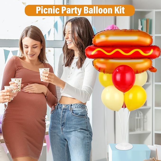 Hot Dog Party Balloons Stand Kit 2 Sets with 2 Food Shaped Foil Balloons Picnic Burger Themed Balloon Centerpiece for Tables for BBQ Birthday Party Supplies Baby Shower Hot Dog Themed Decorations