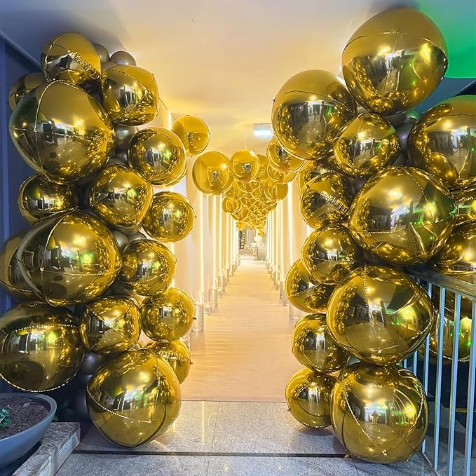 Gold Round Foil Balloons 32 Inch 5 Pcs 4D Ball Balloons Metallic Golden Balloon Ornament Mylar Balloon Chrome for Birthday Graduation Wedding Anniversary New Year Disco Party Decorations
