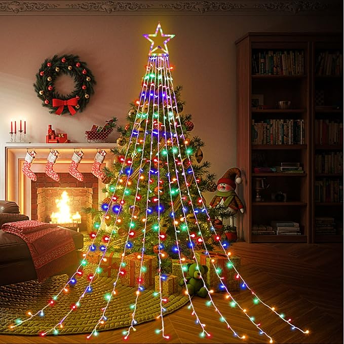 FUNIAO (New Christmas Lights, Outdoor Christmas Decorations, 320 LED Waterfall String Lights, 8 Light Modes Chrsitmas Lights with 12" Star Tree Topper for Yard, Wedding, Party, New Year (Multicolor)