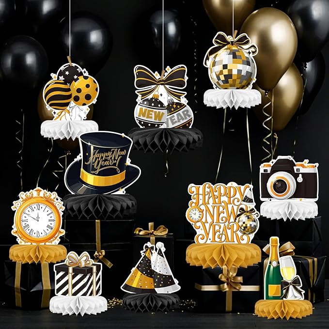 Happy New Year Party Decorations Bundle - Includes New Years Eve Honeycomb Centerpieces ，New Year Table Toppers, for Classroom Decor, New Year & Birthday Party Supplies