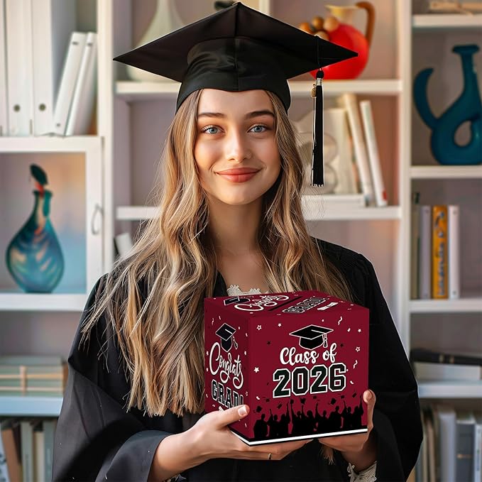 Graduation Card Box 2026 - Congrats Grad Card Boxes Holder, Maroon and Black Class of 2026 Graduation Gift Cards Box for Graduation Party Decorations 2026 Favors Decor Supplies Props,9x 9 x 9 inches