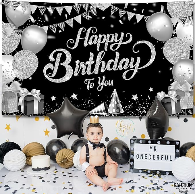 KatchOn, Silver Happy Birthday Banner - Large, 72x44 Inch | Happy Birthday Decorations for Men, Women, Boys and Girls | Birthday Backdrop For Silver Party Decorations