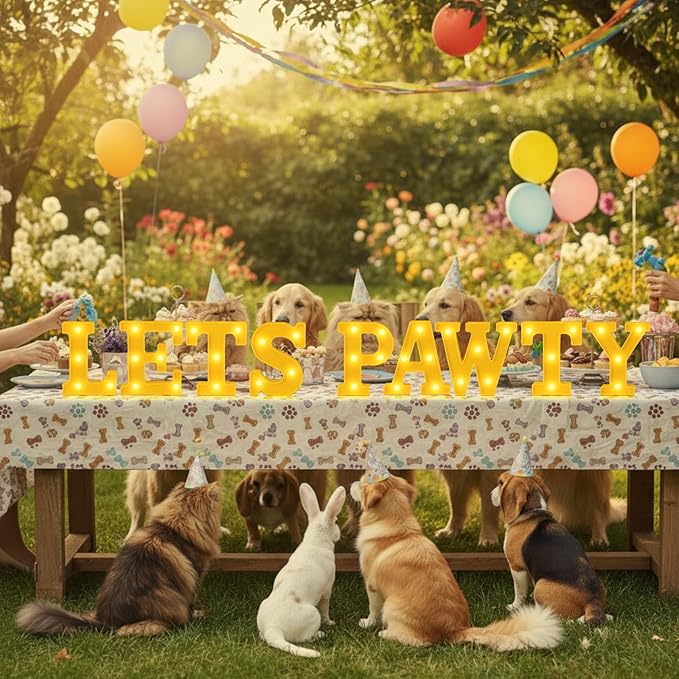 Honoson 9 Pcs Lets Pawty Light Dog Cat Pet Birthday Party Decorations 6.42 Inch Light up Sign LED Neon Table Decoration for Pet Puppy Cat Party Supplies Decorations