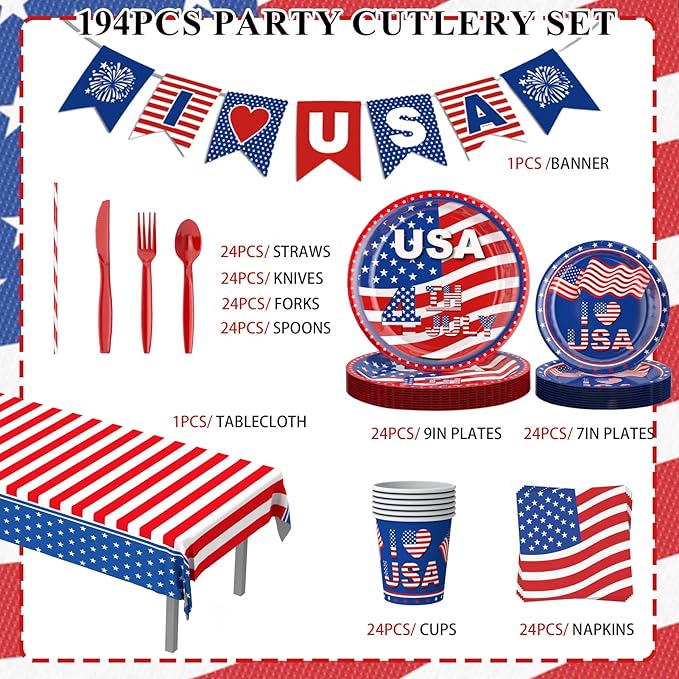 4th of July Decorations,194Pcs 4th of July Party Supplies Set,Patriotic Decor for Independence Day Includes Plates,Napkins,Cups,Banner,Tablecloth,Knives,Forks,Spoons and Straws (Serves 24)