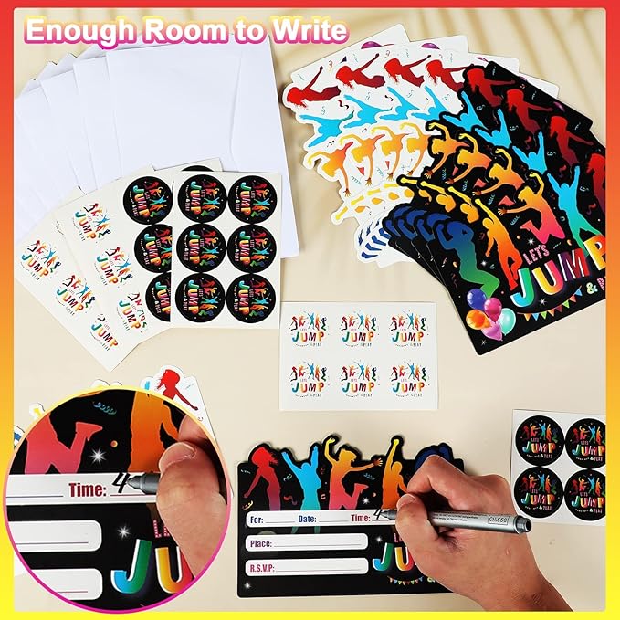 Qyeahkj 36pcs Birthday Invitations for Bounce House or Jumping Party Invitations Trampoline Jump Birthday Party Invite Supplies Favors, 36 Cards with 36 Envelopes and Stickers
