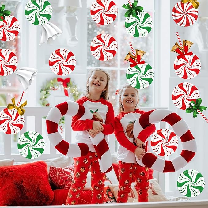 48Pcs Christmas Peppermint Candy Paper Plates Christmas dessert Cake Plates Candy Mint Happy New Year Disposable Party Supplies Set Holiday Xmas Peppermint Red Green Striped Decorations 7Inch