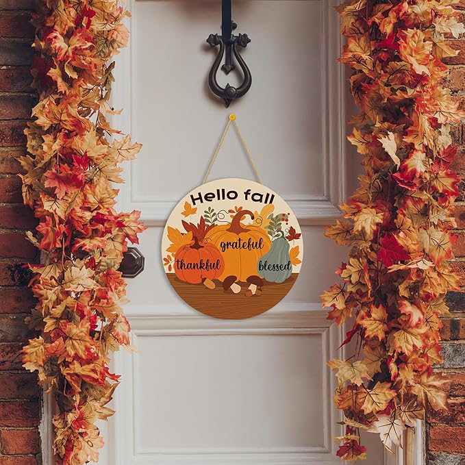 Thanksgiving Decorations - Welcome Sign for Front Door,Rustic Round Wood Wreaths for Outdoor,Maple Leaves Garland Porch Decor for Thanksgiving Friendsgiving - Fall Decor for Room Kitchen Wall