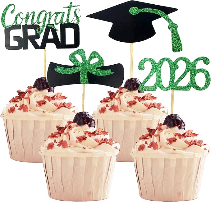 2026 Graduation Cupcake Toppers, 48 PCS Food/Appetizer Picks For Graduation Party Mini Cake Decorations, Diploma, 2026, Grad Cap Set 48 Pieces (04 Green)