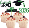 2026 Graduation Cupcake Toppers, 48 PCS Food/Appetizer Picks For Graduation Party Mini Cake Decorations, Diploma, 2026, Grad Cap Set 48 Pieces (04 Green)