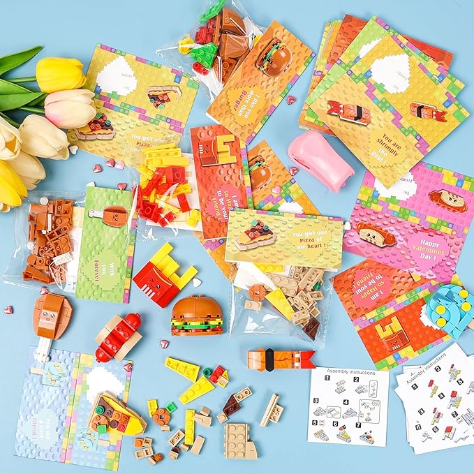 Valentine's Day Cards for Kids - 28 PCS Dessert Block Valentines Day Gifts, Cards with 7 Designs Block Set for School Exchange, Party Favors