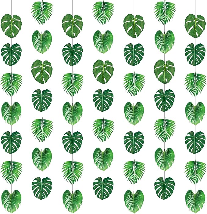 Xinnun Tropical Garland Party Decorations Palm Leaves Garland Banners Green Hawaiian Luau Leaf Hanging Decor for Summer Beach Pool Jungle Baby Shower Birthday Party Supplies