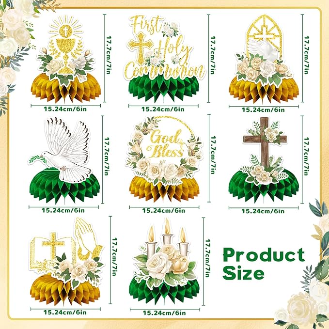 JULMELON 8PCS First Communion Decorations Baptism Honeycomb Centerpieces, God Bless First Holy Communion Table Decorations Baptism Centerpieces for Tables 1st Communion Party Supplies