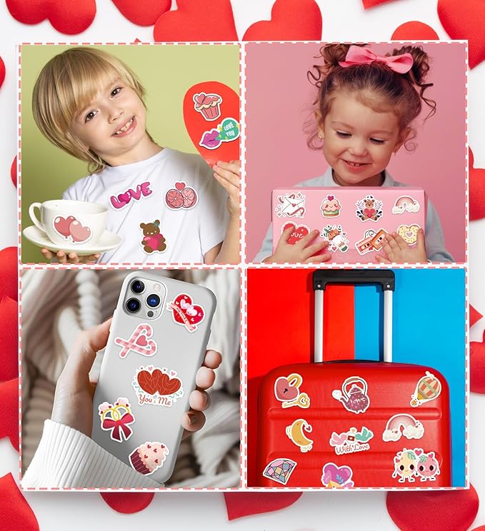 Valentines Stickers - Valentines Day Gifts for Kid - 100 PCS Vinyl Heart Stickers - Valentine Crafts for Kids - Valentine’s Gifts Treats Decor Scrapbooking Party Favors
