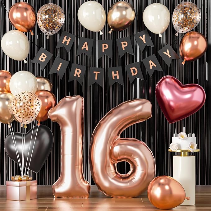 16th Birthday Decorations for Girls - Rose Gold, Black and Hot Pink Party Supplies Set with Happy 16th Banner, Number 16 Balloons and Foil Fringe Curtains - 16 Year Old Celebration Kit