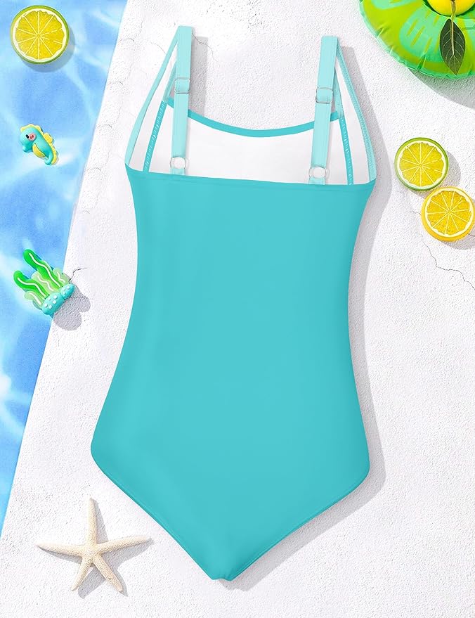 Girl Swimsuit One Piece Bathing Suit for Girls Solid Color Ruched Adjustable Straps Padded Swimwear 9-16y