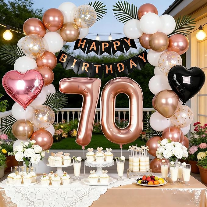 70th Birthday Decorations for Women - Rose Gold, Black and Hot Pink Party Supplies Set with Happy 70th Banner, Number 70 Balloons and Foil Fringe Curtains - 70 Year Old Celebration Kit