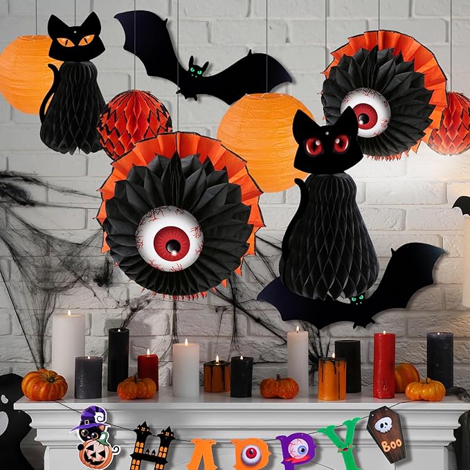 UNIQOOO Halloween Paper Lantern Decorations Set, 11 Pieces with Black Cat, Eyeball, Bat Designs and Banner, Indoor Party Props, 6"-12"