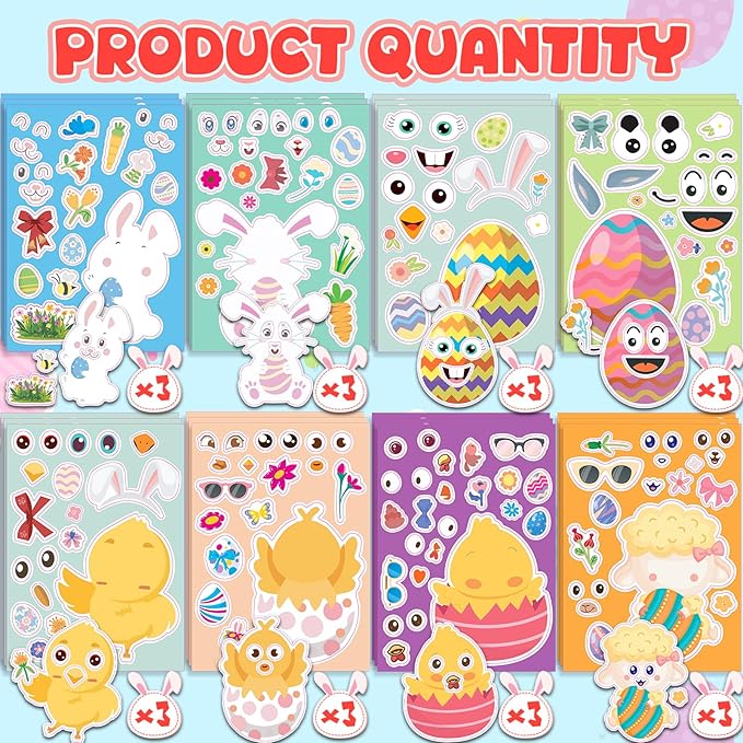 24 Sheets Easter Stickers for Kids - DIY Happy Egg Bunny Stickers Bulk Basket Stuffers Fillers for Toddlers Girls Boys, Kids Easter Crafts Classroom Gifts Games Activities Decor Party Favor Supplies