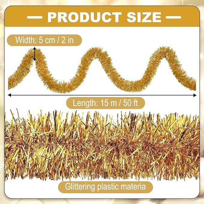 50 Feet Christmas Tinsel Garland, Metallic Twist Garland Wall Hanging Tinsel Garland Backdrop for Parade Floats, Carnival, Birthday, Wedding, New Year Party Decorations (Champagne Gold, 2in x 50ft)